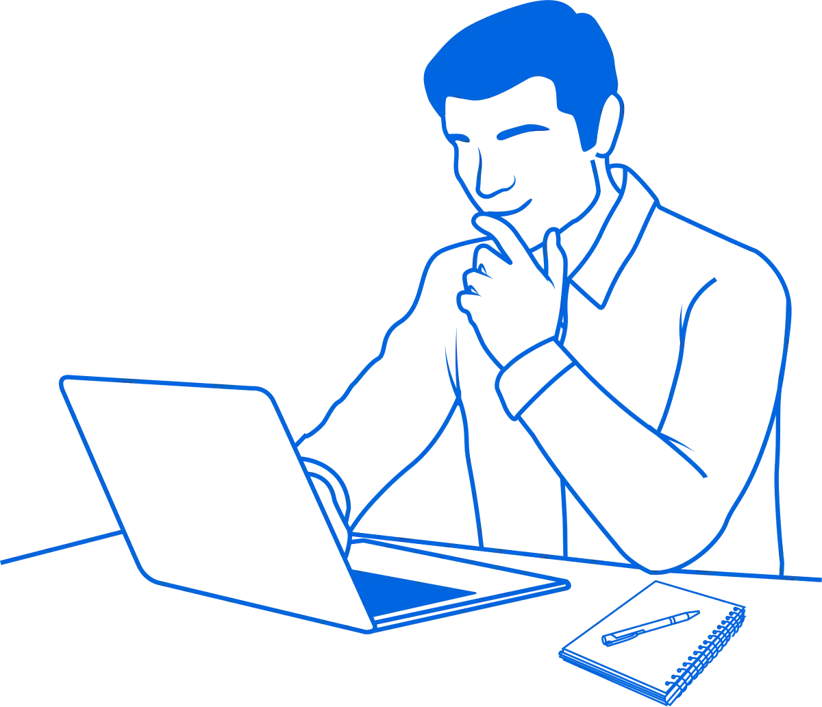 An illustration of a man considering what he is looking at on a computer screen.